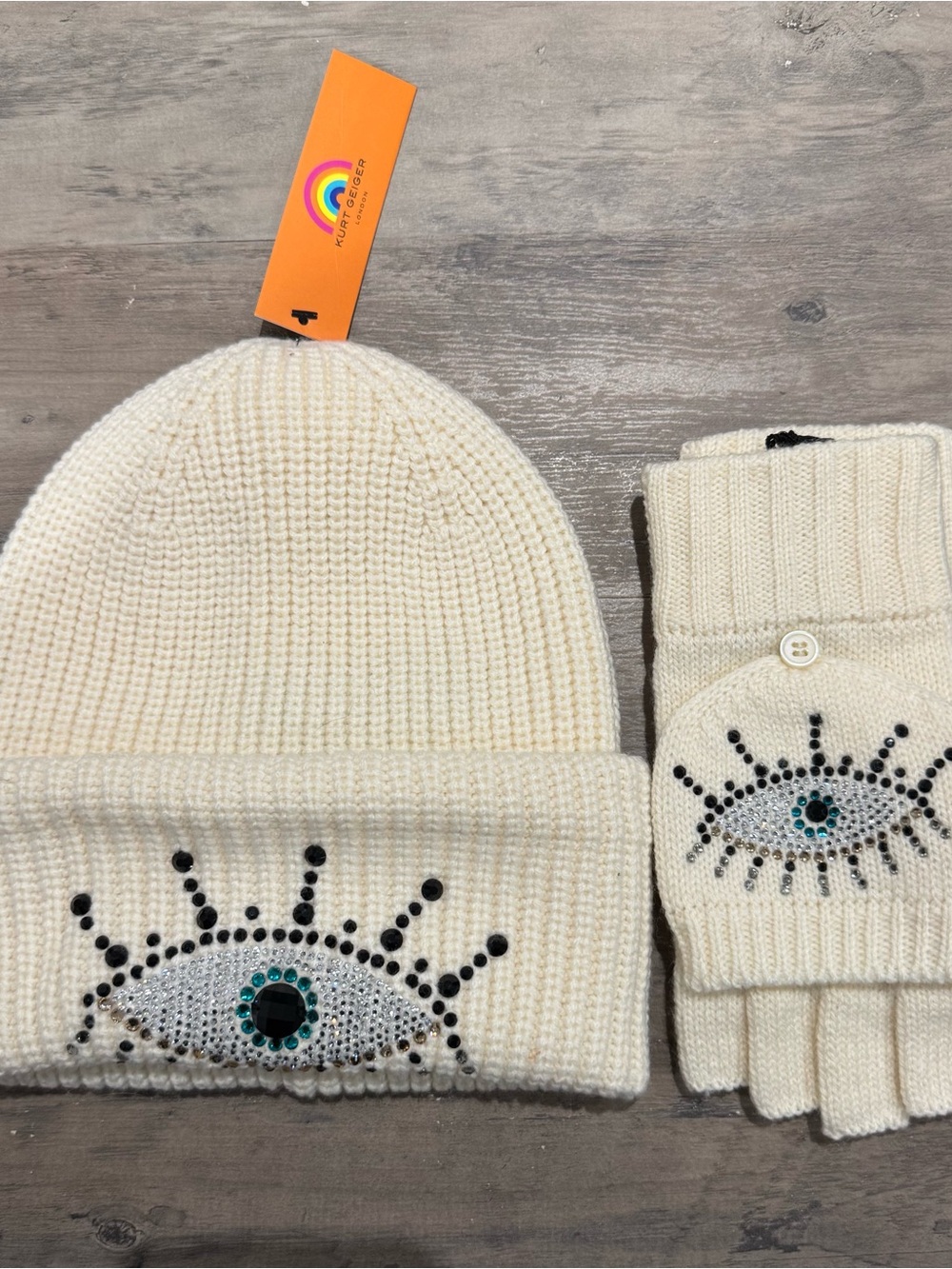 Kurt Geiger Cream Beanie and Glove Set with Embellished Eye Detail